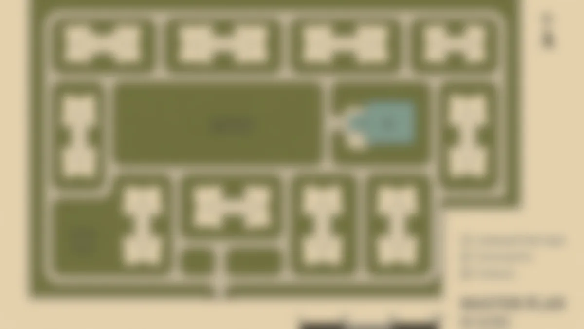Lodha Sadahalli master plan diagram showing 14 wings, Sadahalli Plaza, clubhouse and the 27-item amenity legend